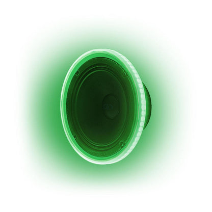 The DD Audio LED RGB Light Ring 6.5″ is a black round speaker with a vibrant RGB light ring and soft green glow, shown on a white background.