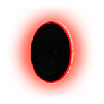 A round black DD Audio LED RGB Light Ring 8″ speaker glows with a vivid red aura against a white background.