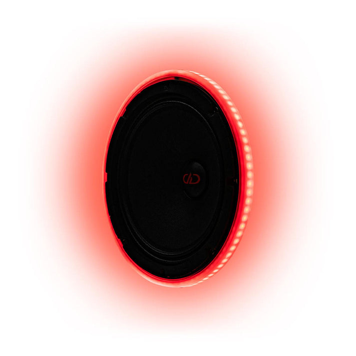 A round black DD Audio LED RGB Light Ring 8″ speaker glows with a vivid red aura against a white background.