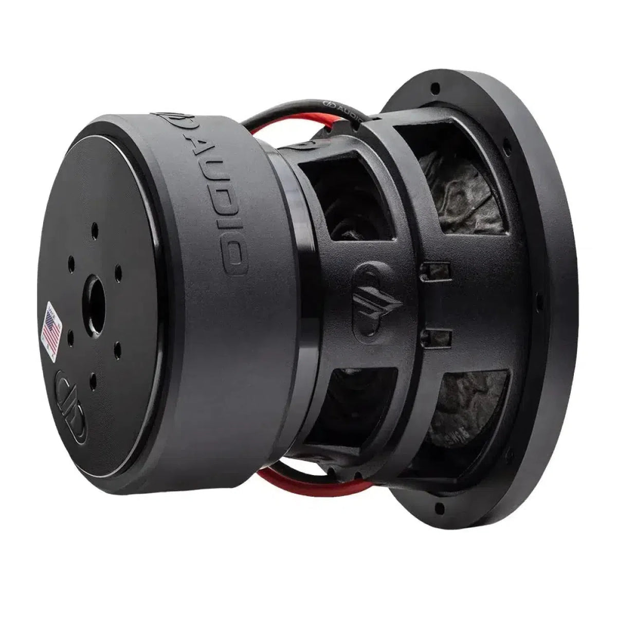 De DD Audio Power Tuned 1506 ESP is een 6.600W RMS zwarte 5 subwoofer met zichtbare interne onderdelen en ronde magneetbehuizing, afgebeeld op een witte achtergrond.