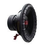 De DD Audio Power Tuned 3512i ESP is een zwarte 12-inch subwoofer met geribbelde rubberen rand, rood logo en 1200W RMS vermogen, schuin afgebeeld op een witte achtergrond.