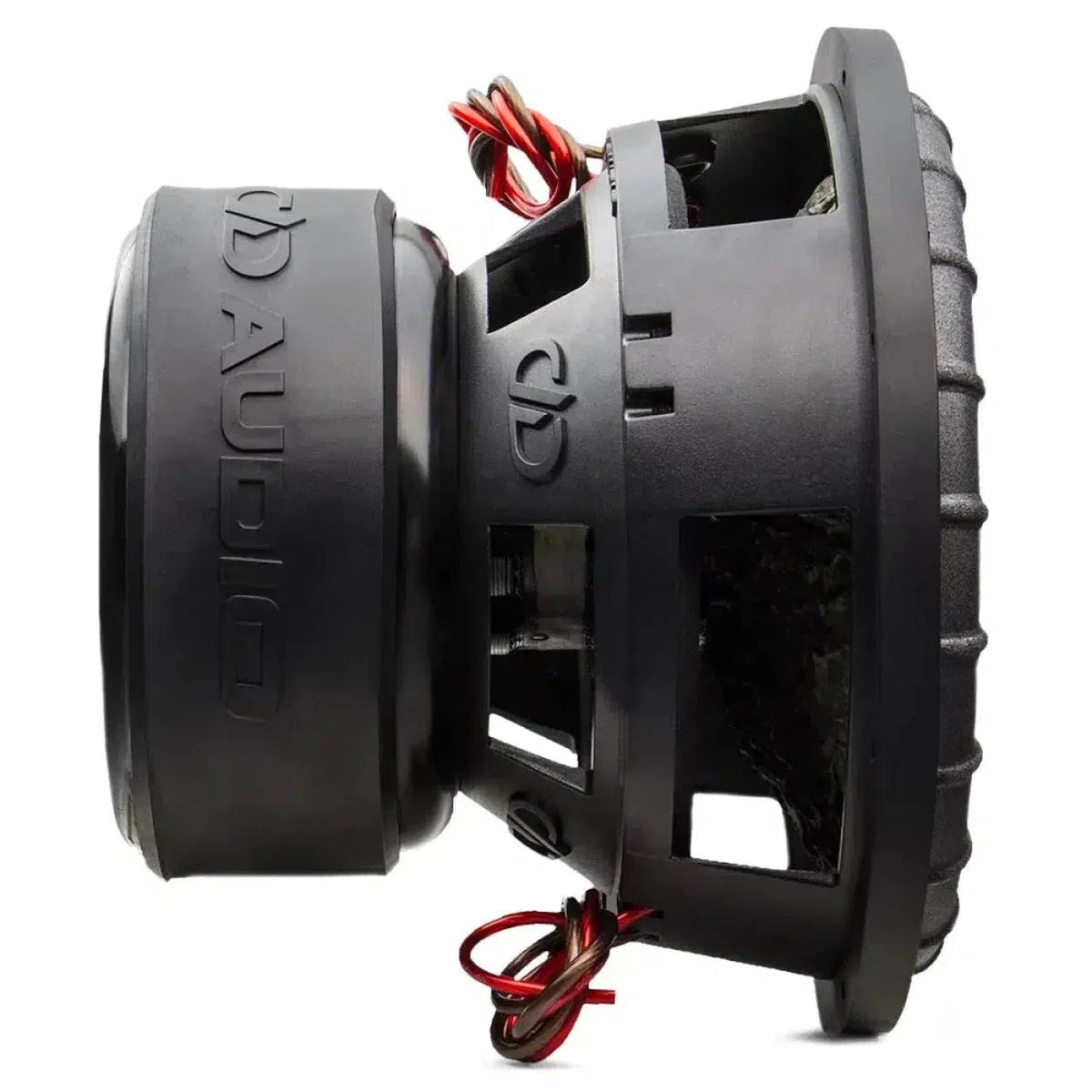 Side view of DD Audio Power Tuned 9512k ESP 12 subwoofer with carbon fiber blend cone, black finish, red/black wires, brand logo, and vented frame.