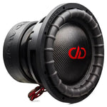 The DD Audio Power Tuned 9512k ESP is a black 12 subwoofer with a carbon fiber blend cone, red center logo, exposed rear wiring, and 2000W RMS power.