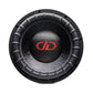 Il DD Audio Power Tuned 9912b ESP è un subwoofer nero da 12 con cono in fibra di carbonio, bordo spesso e logo rosso a doppia D centrale.