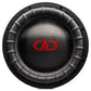 Un subwoofer DD Audio Power Tuned 9915b ESP 15 noir avec un cône en fibre de carbone et le logo DD rouge au centre, vu den haut.