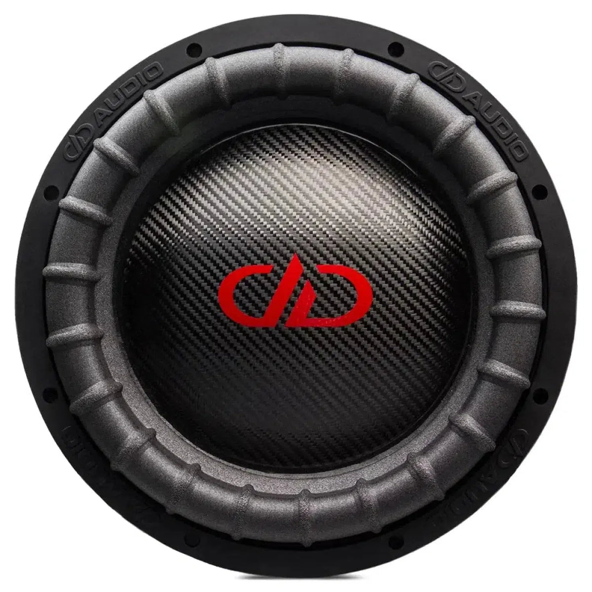 Un subwoofer DD Audio Power Tuned 9915b ESP 15 noir avec un cône en fibre de carbone et le logo DD rouge au centre, vu den haut.