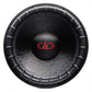 Gros plan sur le caisson de basses DD Audio Power Tuned 9918b ESP 18 avec un bord nervuré, le logo rouge double-D et une puissance de 2500 W RMS.