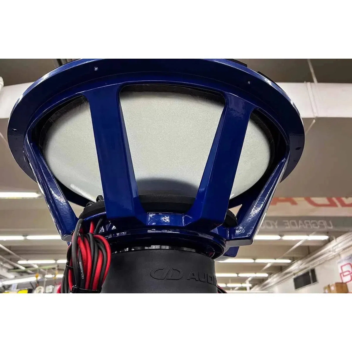 Close-up van een DD Audio Power Tuned 9921b, een 21 subwoofer met blauw frame, blootliggende draden en ferriet magneetsysteem, binnen getoond onder fluorescerend licht.