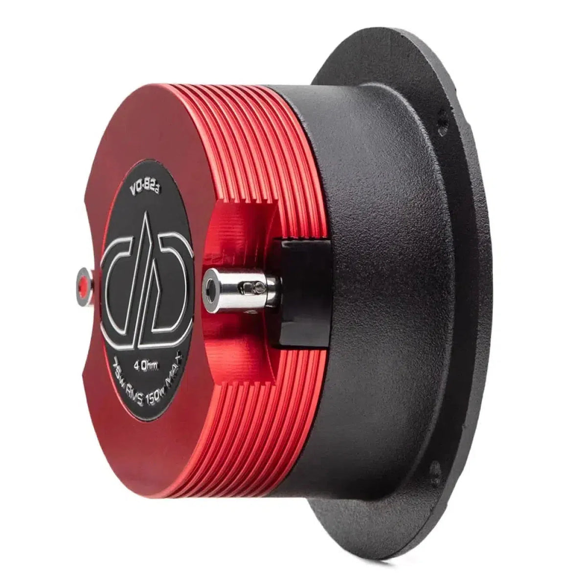 The DD Audio VO-B2a, a red and black round Horn-Hochtöner with Neodym-Motor and metallic finish, is shown with mounting flange against a white background.