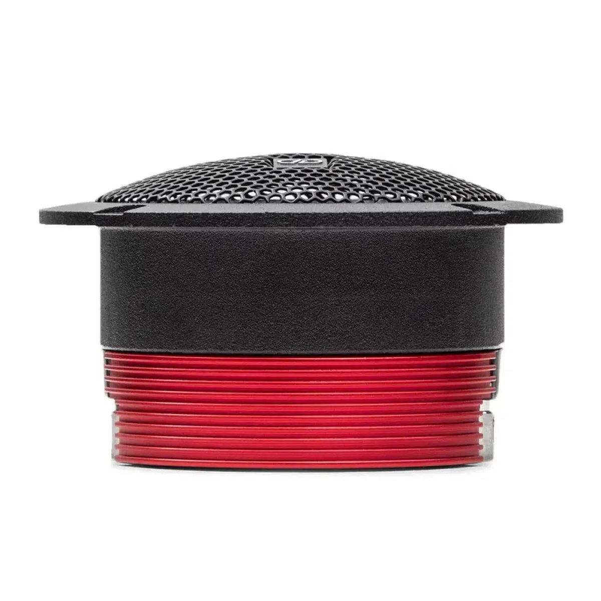 Close-up side view of the DD Audio VO-B2a black and red round tweeter featuring a mesh grill, ribbed red base, and Neodym-Motor for powerful audio performance.