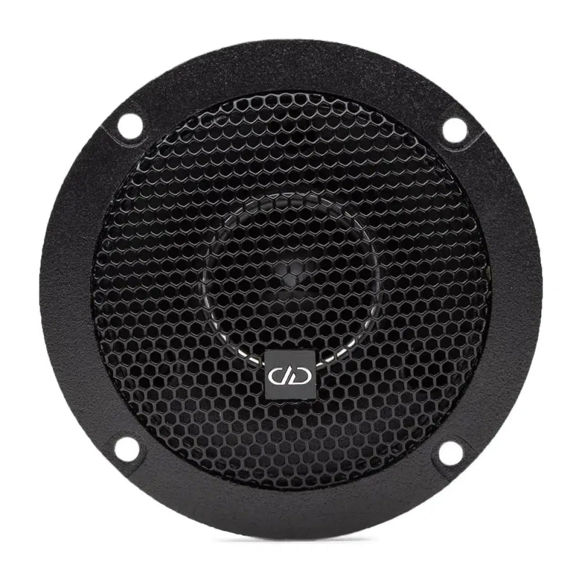 The DD Audio VO-B2a is a round black car speaker with a honeycomb grille, four mounting holes, Neodym-Motor, and a small central logo on a white background.