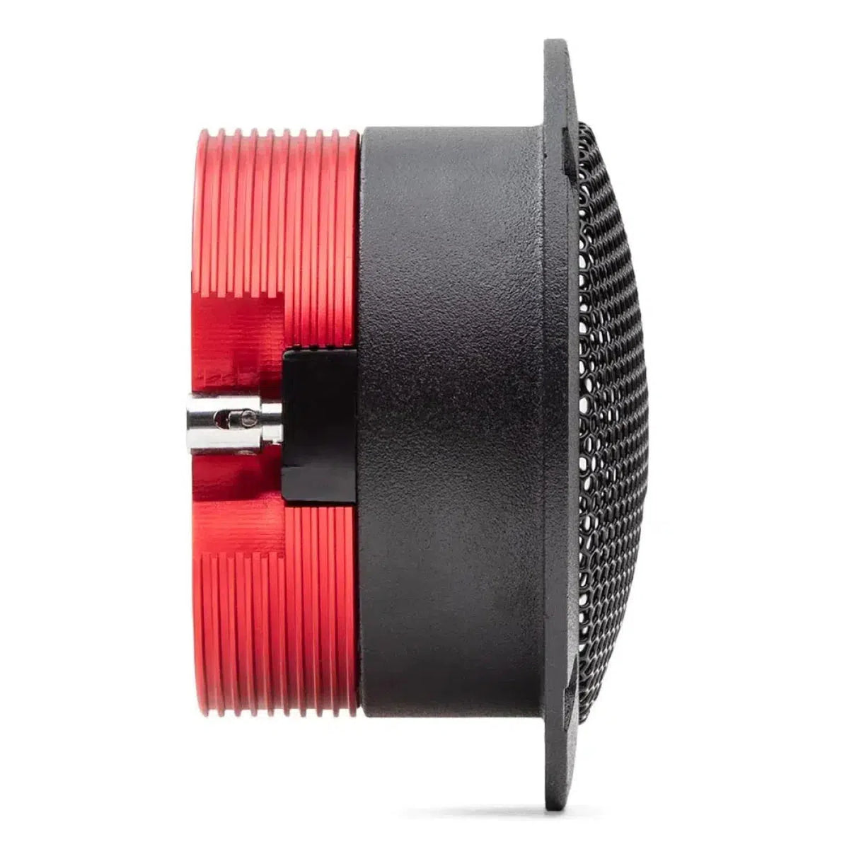 Side view of the VO-B2a, a round black and red electronic device with textured grille by DD Audio—possibly a speaker or buzzer.