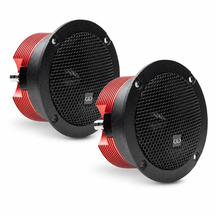 Two DD Audio VO-B2a round car audio speakers with honeycomb grills and horn tweeters, black and red, shown side by side on a white background.
