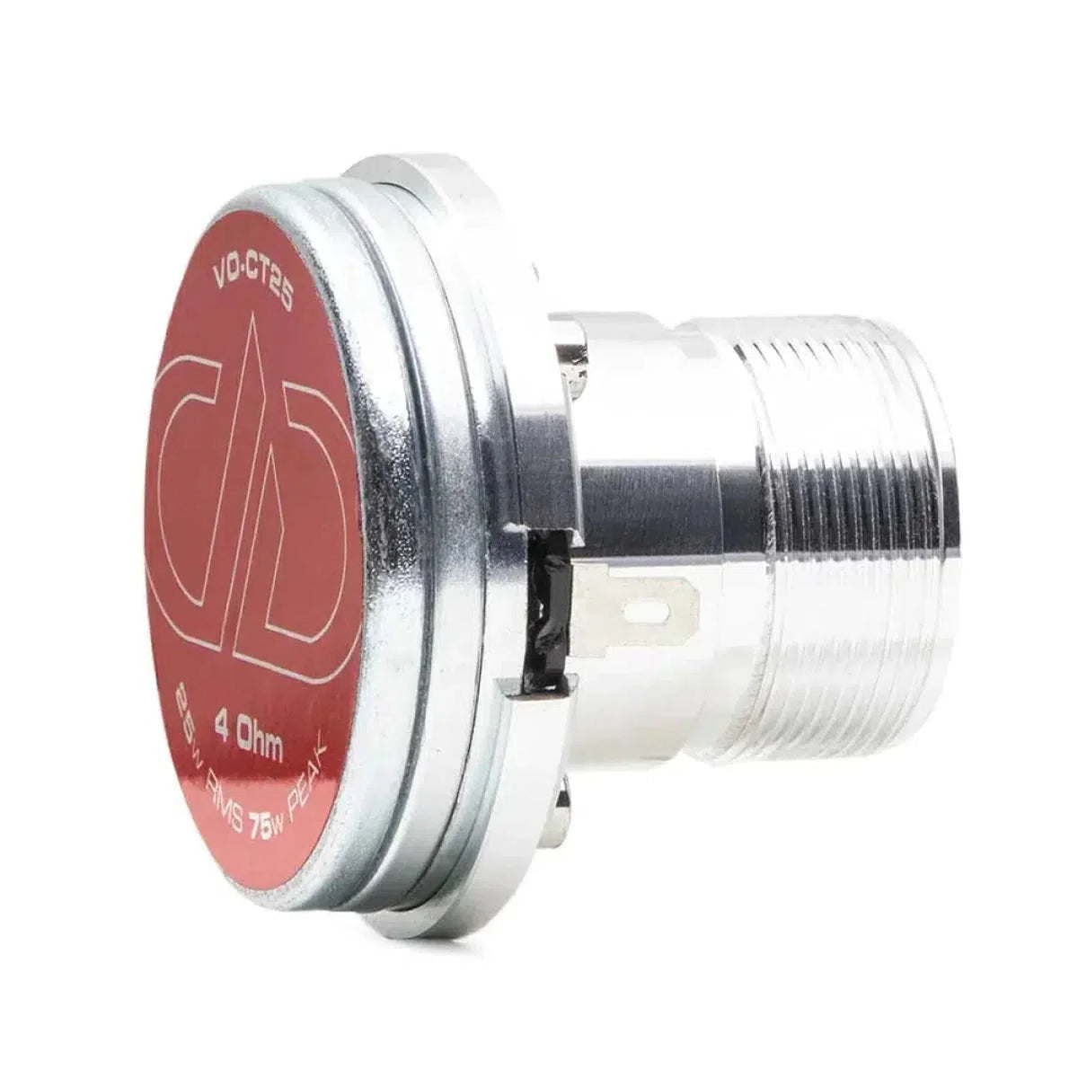 The DD Audio VO-CT25 is a round, metallic horn compression driver with a red back cover, 4 Ohm impedance, 75W peak power, and a large threaded silver body.