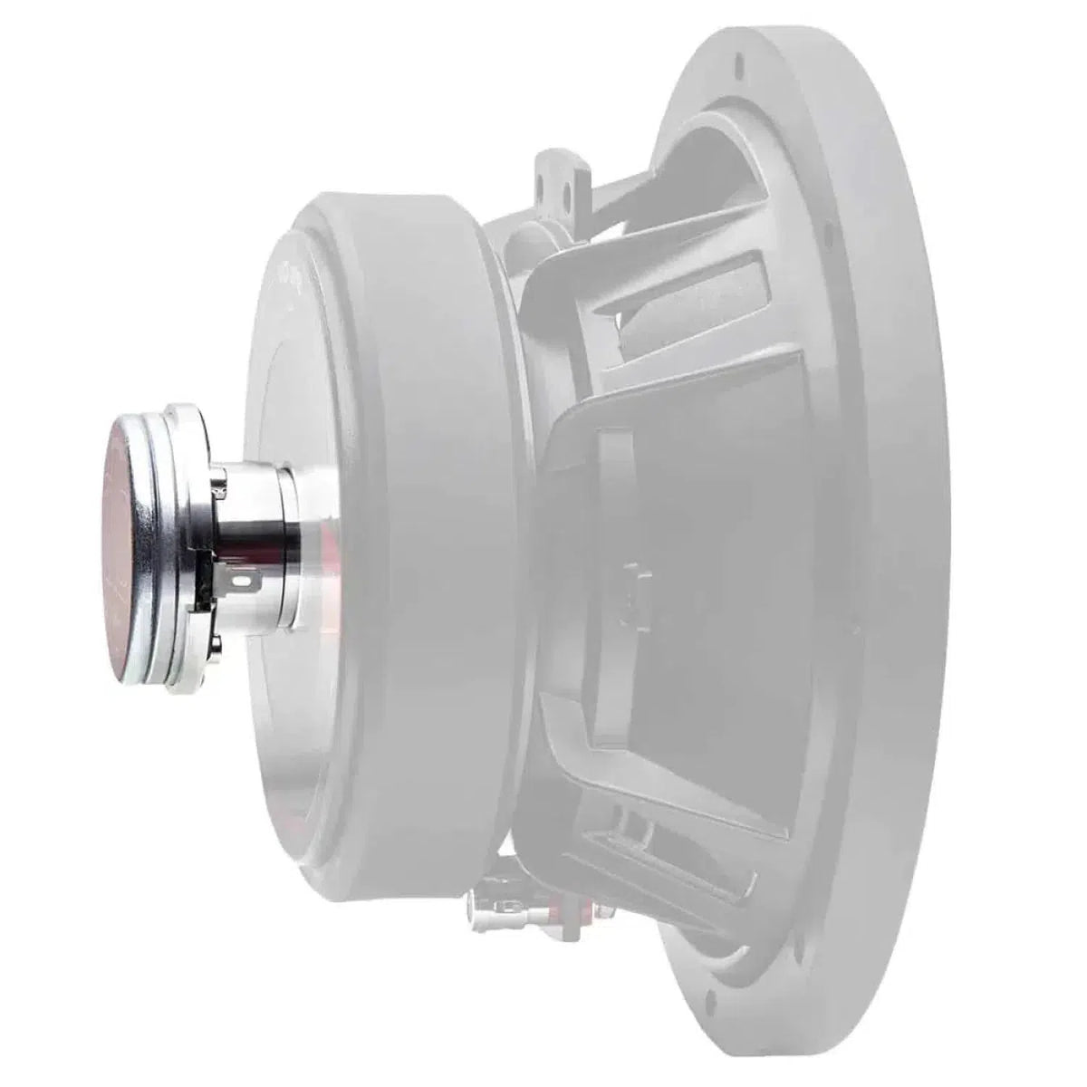 The DD Audio VO-CT25 subwoofer highlights its vibrant Neodym-Motorstruktur magnet and motor, with the rest of the VO-CT25 faded and semi-transparent.