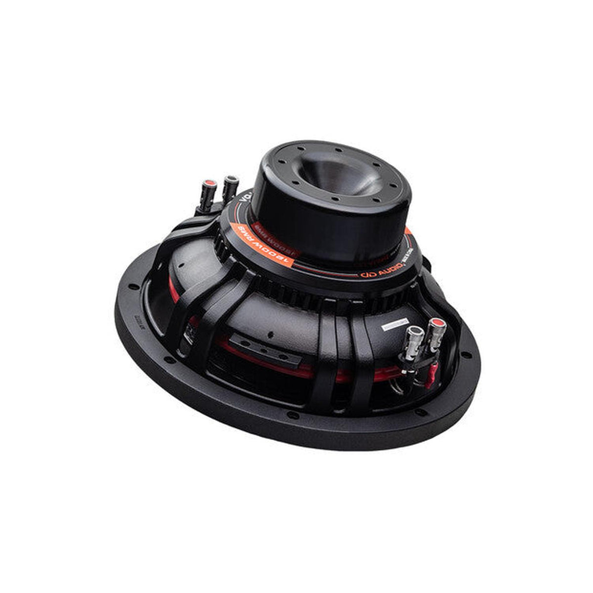 Subwoofer DD Audio VO-WN710, 10, 1 200 W RMS, noir/rouge, vue de profil montrant les bornes et le cadre ventilé robuste sur fond blanc.