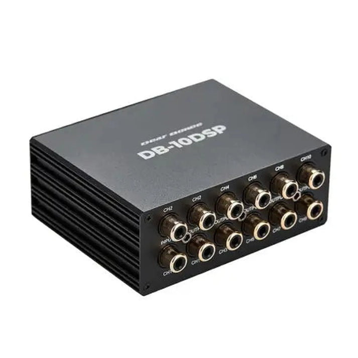 The Deaf Bonce Apocalypse DB-10DSP is a black rectangular 10-channel DSP audio processor with Bluetooth streaming and CH1–CH8 RCA ports on the front panel.