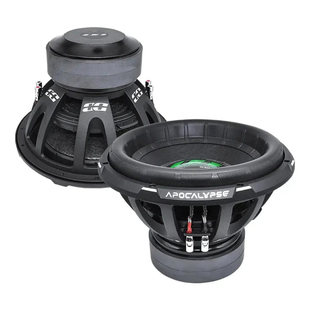Due grandi subwoofer neri Deaf Bonce Apocalypse DB-3015R da 15, mostrati in alto/di lato, con telaio in metallo, terminali di cablaggio a vista e potenza RMS di 2800W.