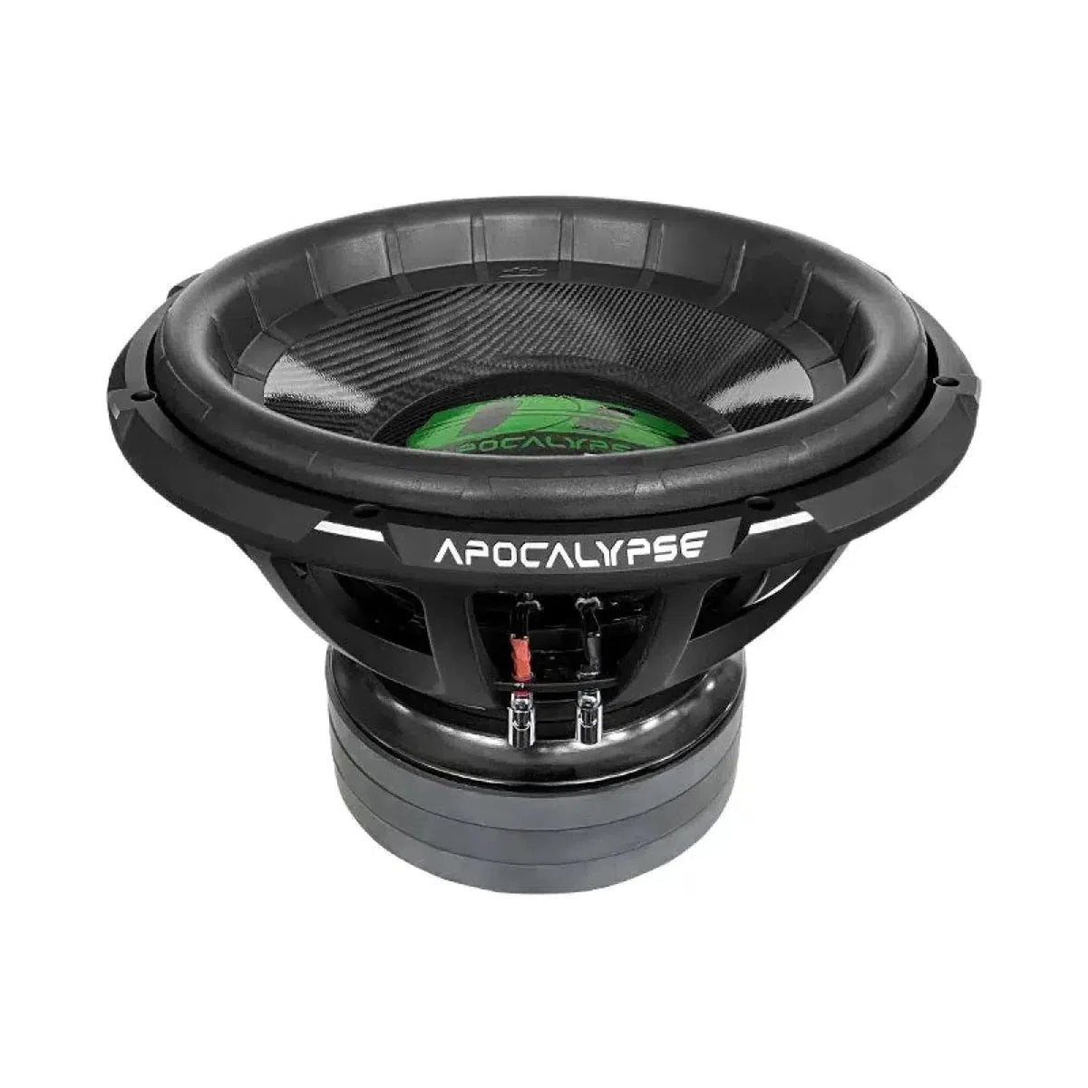 Le Deaf Bonce Apocalypse DB-4518R est un grand subwoofer noir de 18 avec APOCALYPSE sur le cadre, un logo vert, et 4500W RMS, représenté sur un fond blanc.