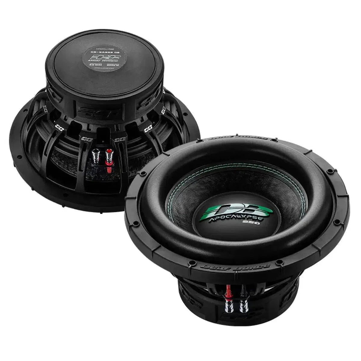Deux grands subwoofers Deaf Bonce Apocalypse DB-SA 252 sont présentés, lun avec le cône et le logo, lautre avec le dos, les bornes de câblage et la puissance de 1000 W RMS.