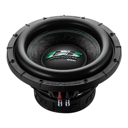 Le Deaf Bonce Apocalypse DB-SA 252 est un subwoofer 12 noir avec des accents verts, le texte APOCALYPSE, un cadre durable, et délivre une puissance de 1000W RMS.
