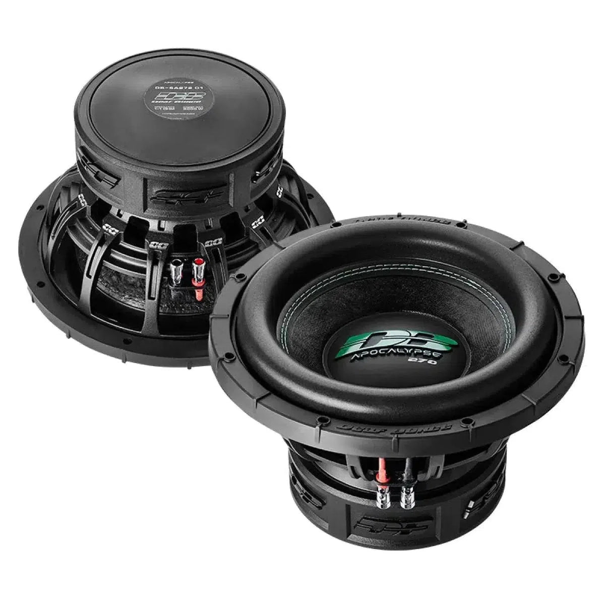 Two Apocalypse DB-SA 272 subwoofers by Deaf Bonce, 12, 1500W RMS each, with exposed wiring terminals, shown from different angles on a white background.
