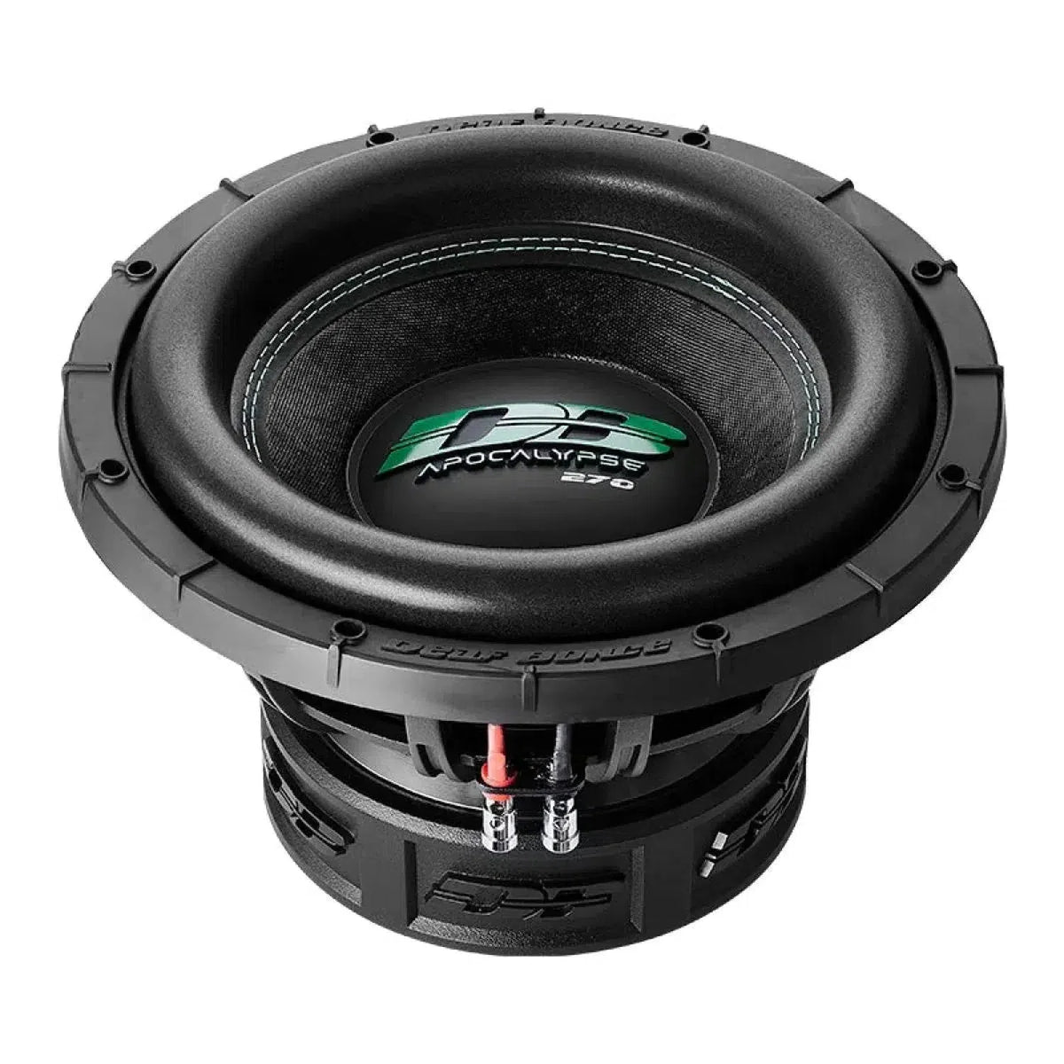 El Apocalypse DB-SA 272 de Deaf Bonce es un subwoofer negro de 12 con un diseño resistente, terminales de cableado visibles y 1500 W RMS para unos graves potentes.