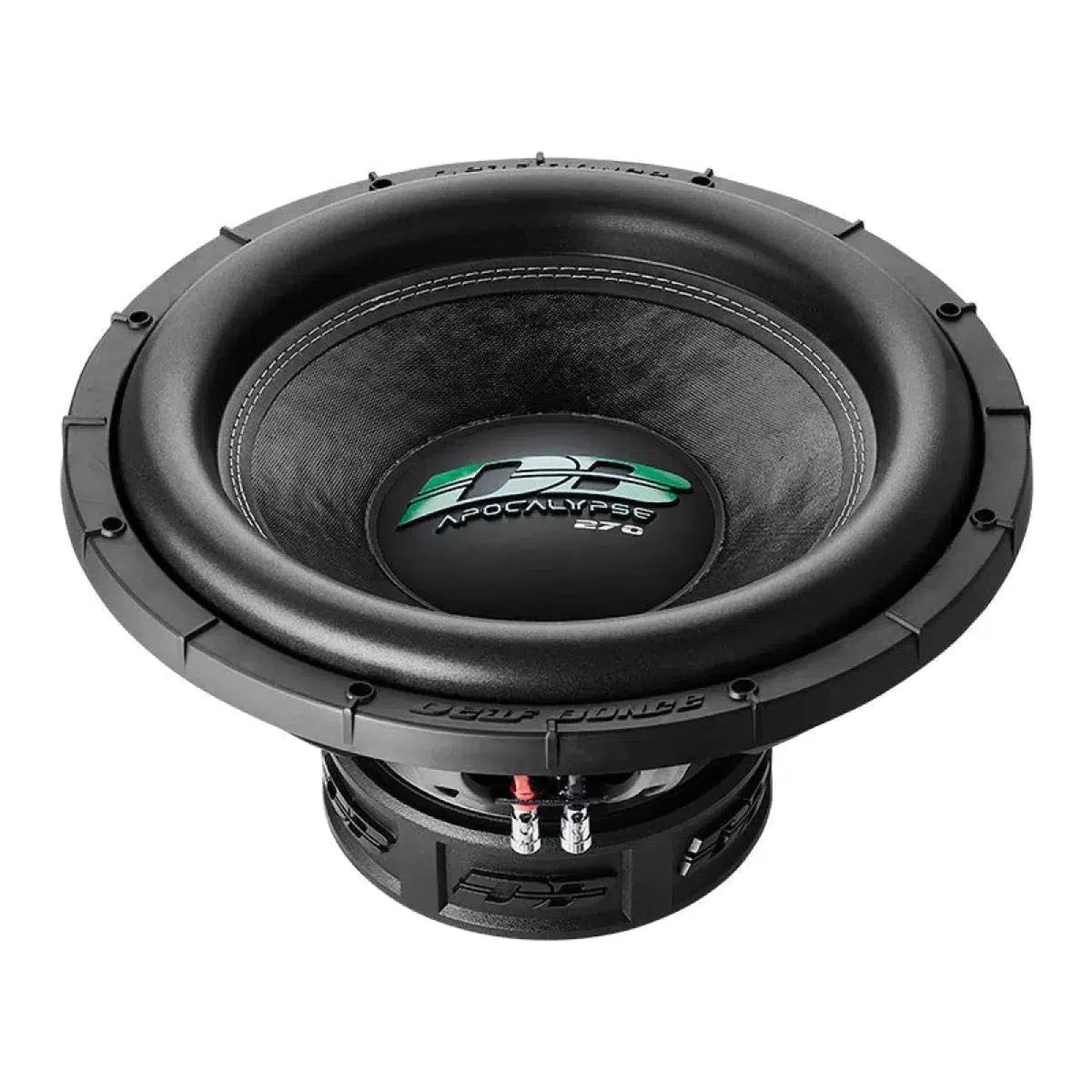 Il subwoofer nero Deaf Bonce Apocalypse DB-SA 275 da 15 pollici presenta il logo Apocalypse verde e bianco ed eroga una potenza di 1500 W RMS.