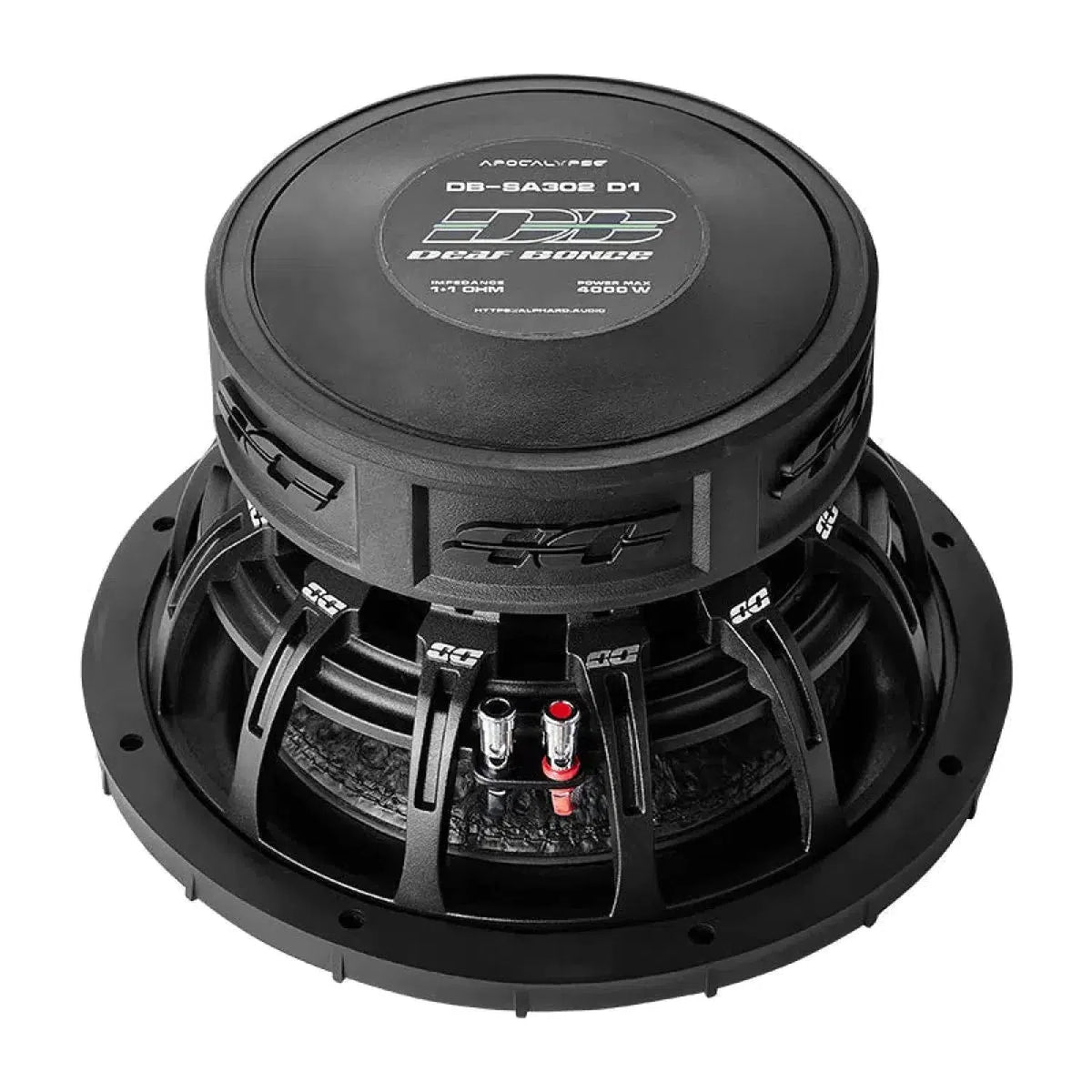 The black Deaf Bonce Apocalypse DB-SA 302 12” subwoofer delivers 2000W RMS bass and features exposed wiring terminals and a branded top plate.