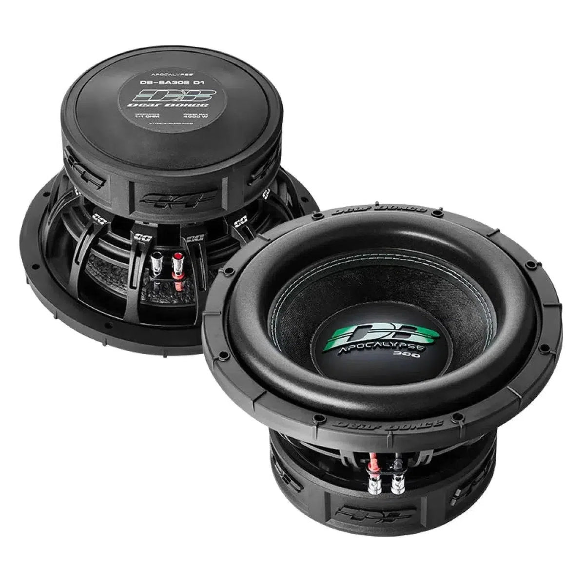 Two black Deaf Bonce Apocalypse DB-SA 302 12 subwoofers with branding and connectors shown in top and side views, each delivering a powerful 2000W RMS output.