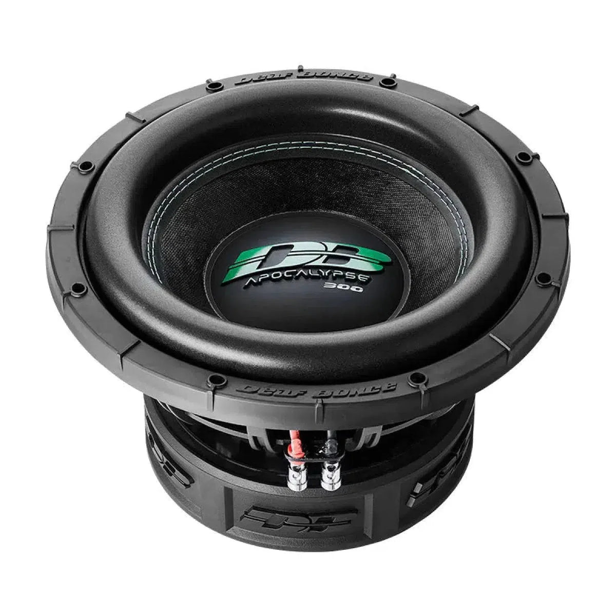 Un subwoofer Apocalypse DB-SA 302 noir de 12 pouces de Deaf Bonce avec un marquage vert et blanc, 2000W RMS, présenté sur un fond blanc.