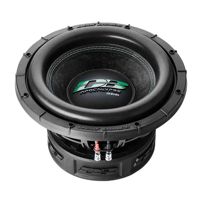 A black 12-inch Apocalypse DB-SA 302 subwoofer by Deaf Bonce with green and white branding, 2000W RMS, shown on a white background.