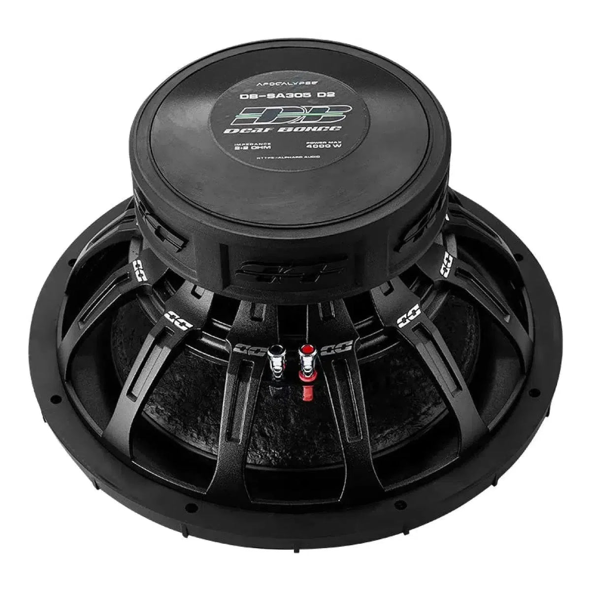 Un subwoofer de voiture noir à cadre rond avec panier ouvert et bornes de câblage, comme le Deaf Bonce Apocalypse DB-SA 305 dune puissance de 2000 W RMS.