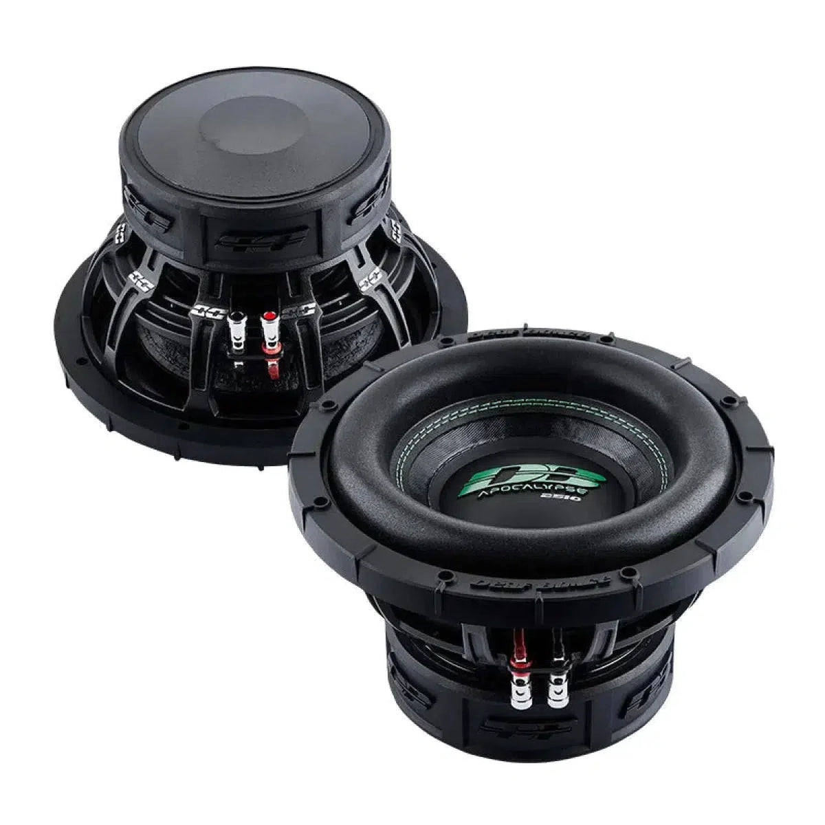 Two black Deaf Bonce Apocalypse DB-SA2510 subwoofers 25 cm, 1000 W RMS are shown—one upright, the other angled to display wiring terminals.