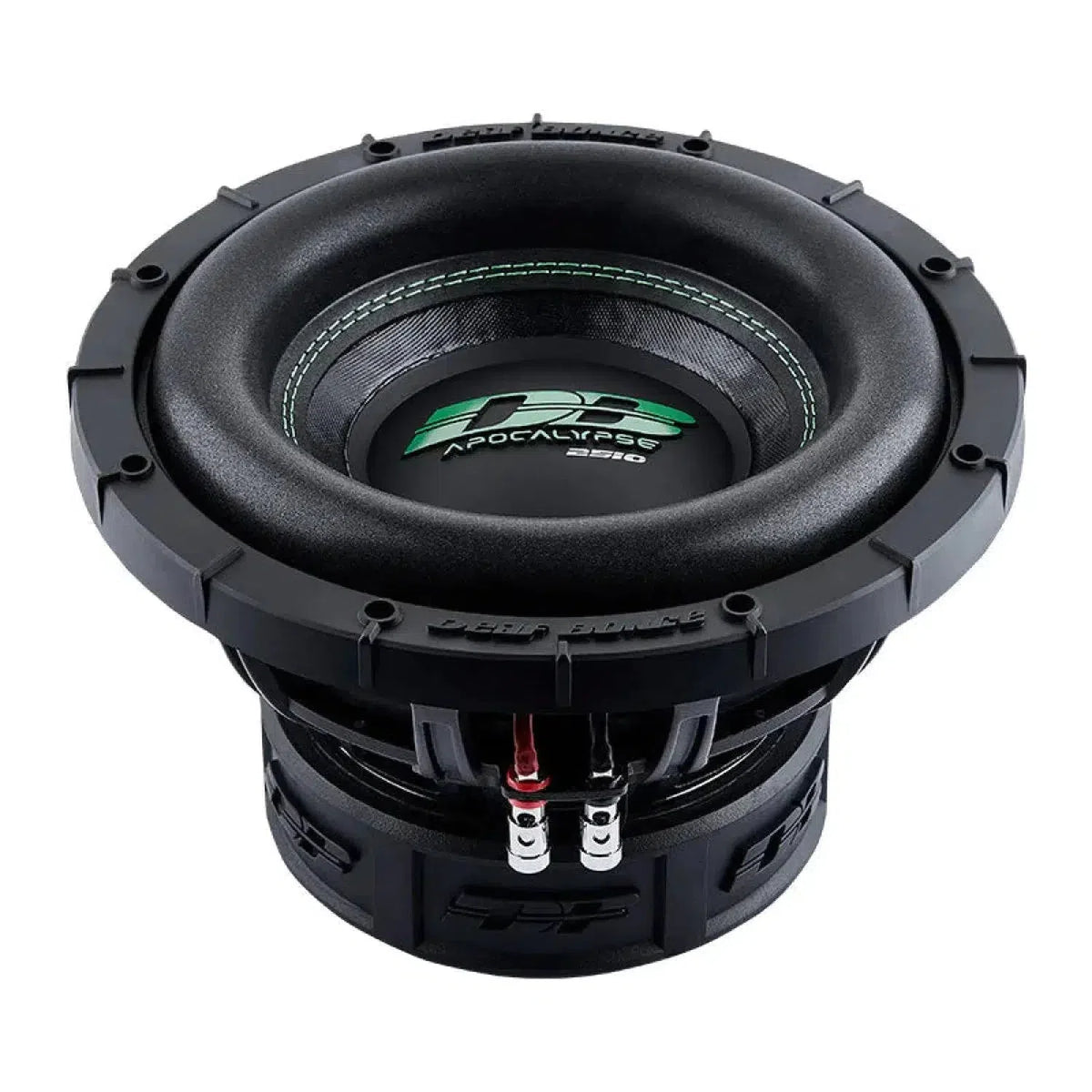 De Deaf Bonce Apocalypse DB-SA2510 is een zwarte 25 cm subwoofer met groene accenten, 1000 W RMS, bedradingsterminals en een gedetailleerde buitenbehuizing.