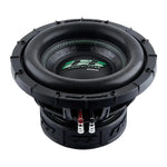 The Deaf Bonce Apocalypse DB-SA2510 is a black 25 cm subwoofer with green accents, 1000 W RMS, wiring terminals, and a detailed outer casing.