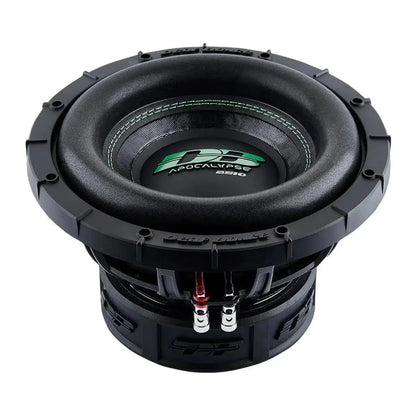 The Deaf Bonce Apocalypse DB-SA2510 is a black 25 cm subwoofer with green accents, 1000 W RMS, wiring terminals, and a detailed outer casing.