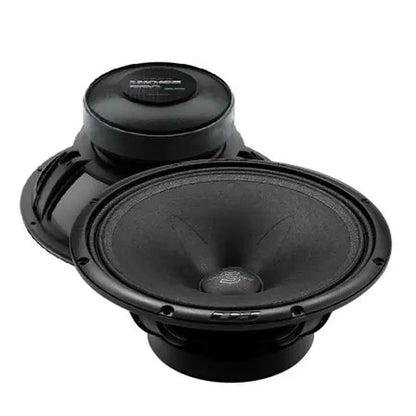 Twee zwarte 10 woofer/middentoners - Apocalypse M101SE Pro van Deaf Bonce - de ene toont de conus, de andere de achterkant en de magneet.