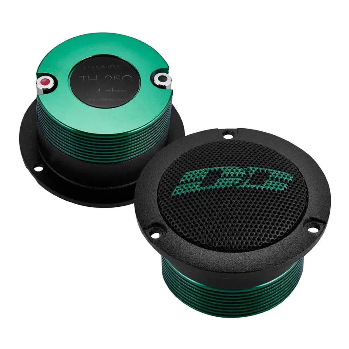 Deux tweeters Hannibal TH-25G vert/noir de Deaf Bonce : lun avec grille et logo, lautre avec dos Titanmembran, bornes et informations sur le modèle.