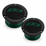 Deux tweeters ronds noirs et verts Hannibal TH-25G de Deaf Bonce, chacun avec des grilles et le logo vert de Deaf Bonce à lavant.