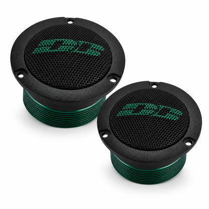 Deux tweeters ronds noirs et verts Hannibal TH-25G de Deaf Bonce, chacun avec des grilles et le logo vert de Deaf Bonce à lavant.