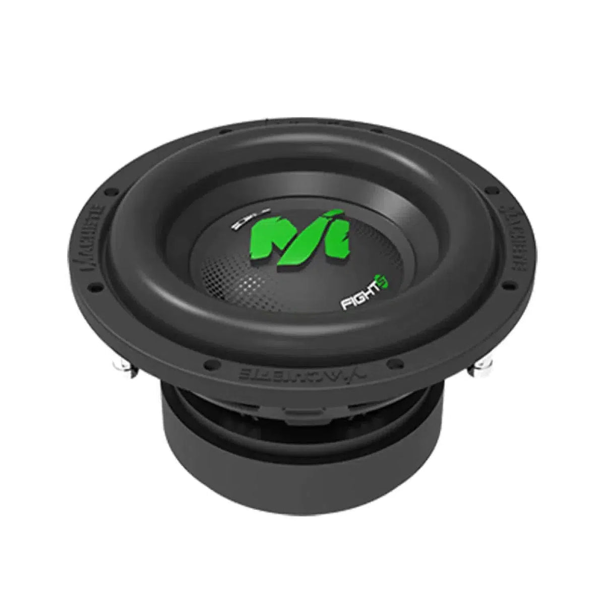 Un subwoofer nero Deaf Bonce Machete Fight MF-08S da 8 con logo e testo del cono verdi, visto ad angolo su sfondo bianco, eroga una potenza di 600W RMS.