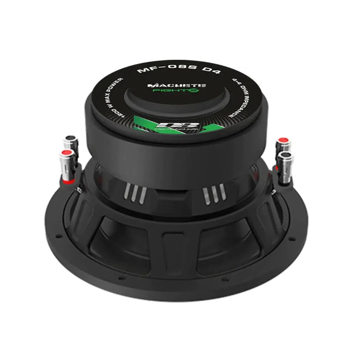 Subwoofer nero da 8 Deaf Bonce Machete Fight MF-08S con base rotonda, terminali a vista, marchio verde/bianco sulla parte superiore, etichettato MF-088 D4, 600W RMS.