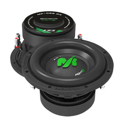 Due subwoofer neri da 8 Zoll per auto - Deaf Bonce Machete Fight MF-08S, ciascuno da 600 W RMS con logo verde e bianco - visti dallalto e dal basso.