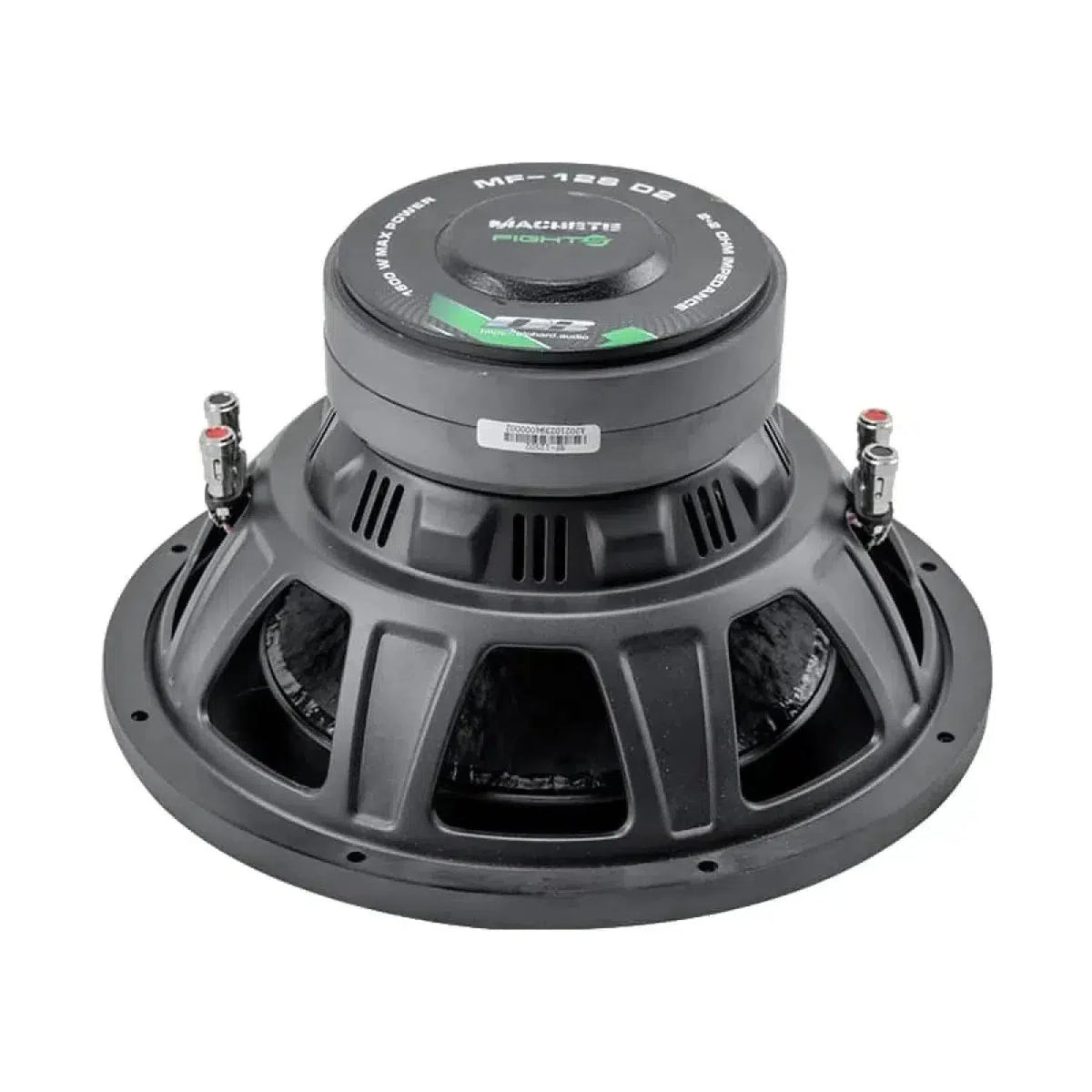 A side and top view of the black Deaf Bonce Machete Fight MF-15R subwoofer showcases its open-frame basket, terminals, magnet, and 1200W RMS power.
