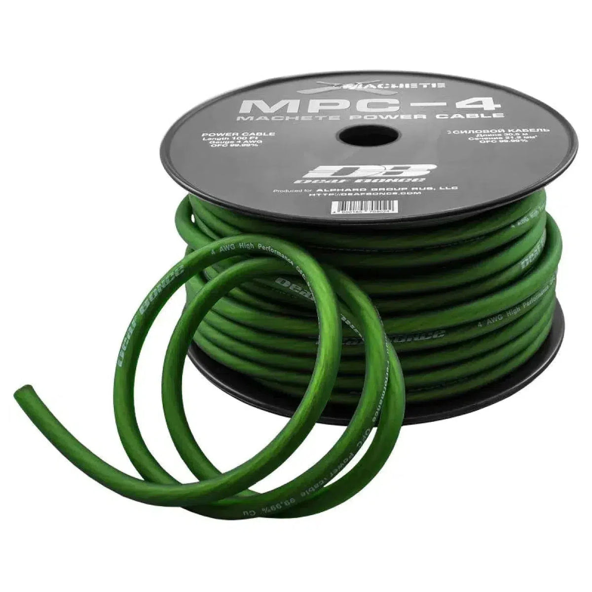 Una bobina de cable Deaf Bonce Machete MPC-4GA / 20 mm² de 30 m con cable verde desenrollado y enrollado; la bobina negra muestra la marca del producto en blanco.