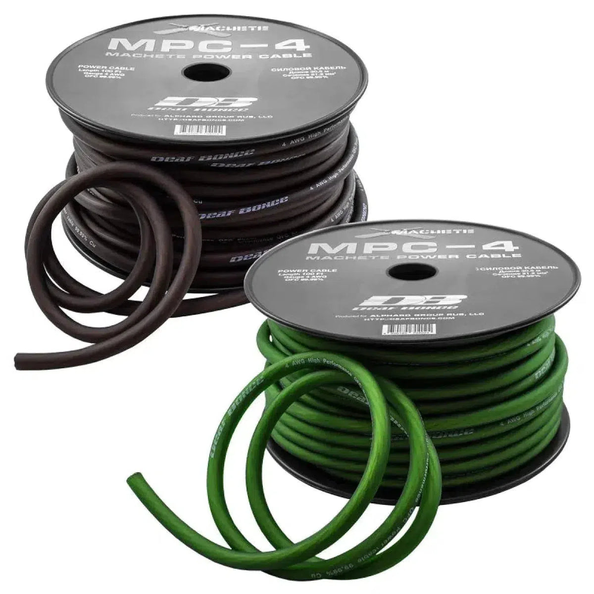 Dos bobinas de cable de alimentación Deaf Bonce Machete MPC-4GA / 20mm² 30m, una negra y otra verde, cada una con el cable enrollado y algo de longitud extendida hacia fuera.