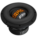 Il subwoofer EDS10D2-E0 Street-Serie da 10 di Edge Car Audio presenta un design robusto nero-arancione, i loghi EDGE e STREET SERIES e un ampio bordo in gomma.