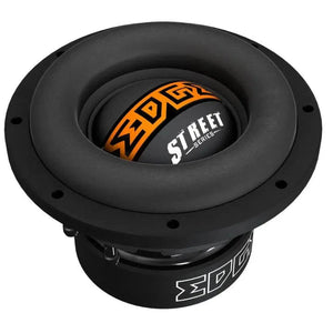 Il subwoofer EDS10D2-E0 Street-Serie da 10 di Edge Car Audio presenta un design robusto nero-arancione, i loghi EDGE e STREET SERIES e un ampio bordo in gomma.