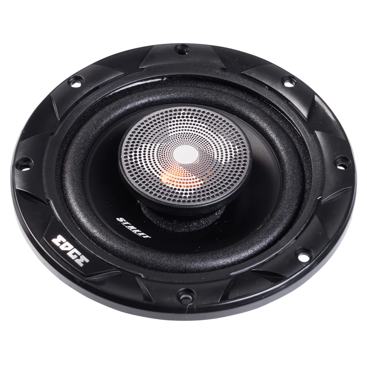 De Edge EDS4-E4 is een zwarte ronde 10 Zoll subwoofer voor in de auto met een metalen gaas in het midden en EDGE branding op de buitenste rand.